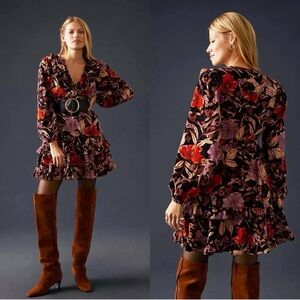 Anthropologie Pilcro Womens Floral Tiered Ruffle Long Sleeve Corduroy Dress